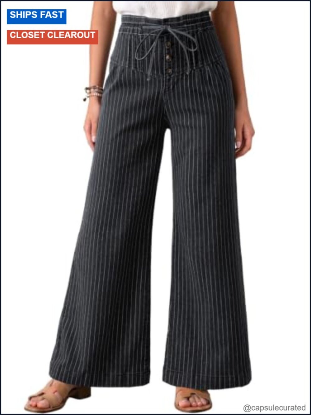 Women's Wide Leg Baggy Jeans Drawstring Striped Button Denim Pants
